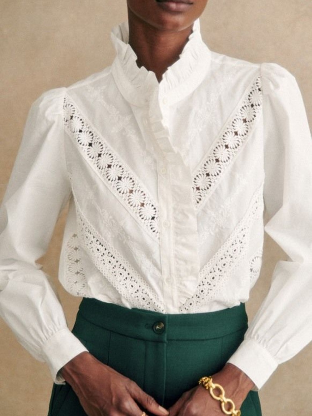 Sezane NEW Lou Lace White Ecru Button Down Shirt Top